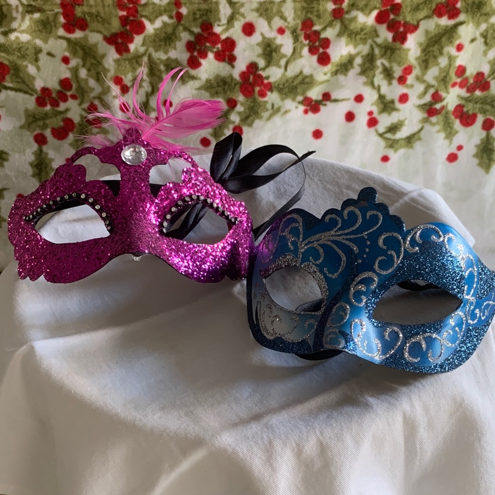 Pier 1 Hand Painted in ITALY - Pink and Blue Glitter Face Masks Set/2